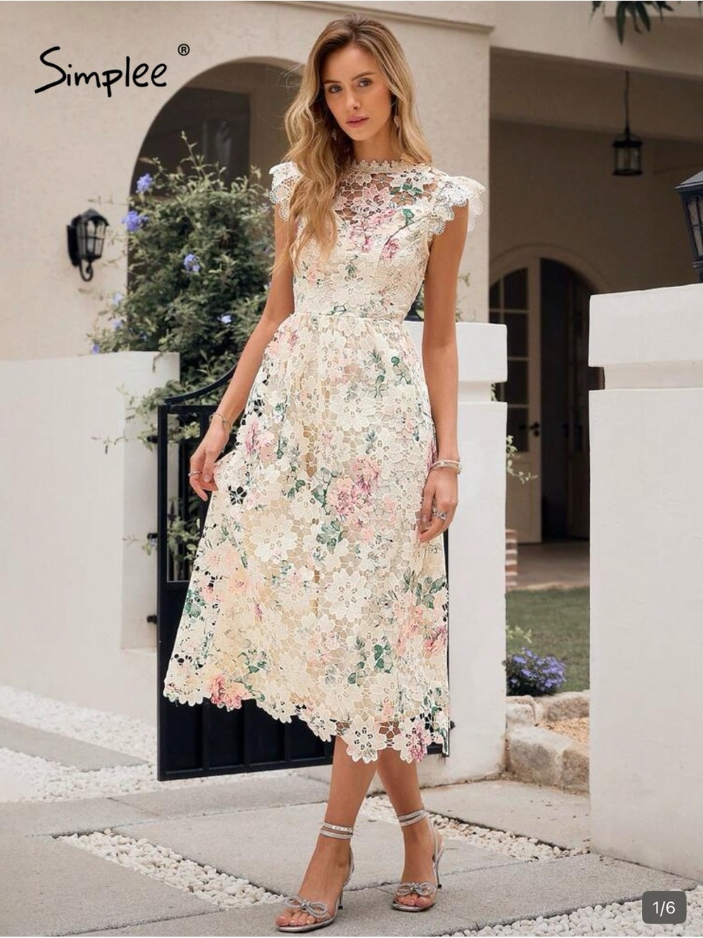 Simple Floral Lace Midi Dress in Cream with Pink & Green Accents
